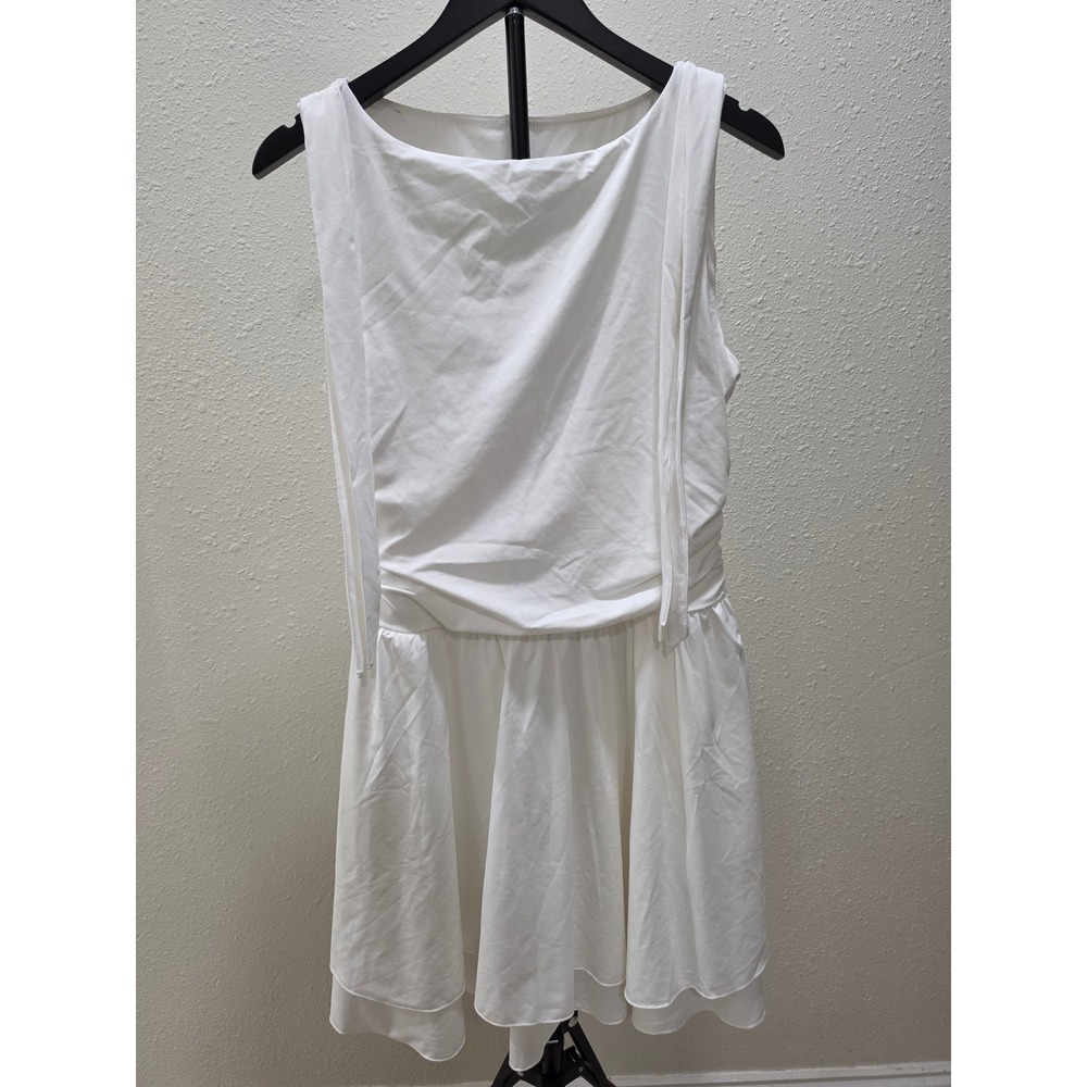 White Sleeveless Boat Neck Mini Dress with Draped Waist and Pockets